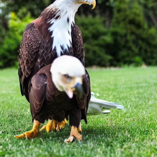 Prompt: An award winning snapshot of a beautiful eagle pitbull hybrid, playing with the children in the back yard.