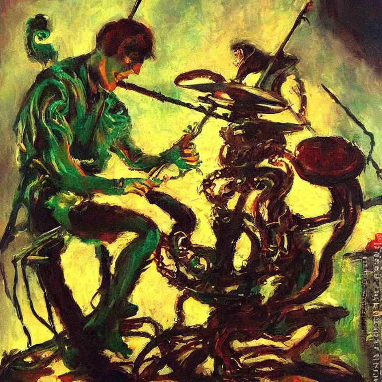 Image similar to a beautiful painting by dean cornwell of an octopus playing drums and telecaster guitar in a rock concert, dark background, green concert light, dark mood