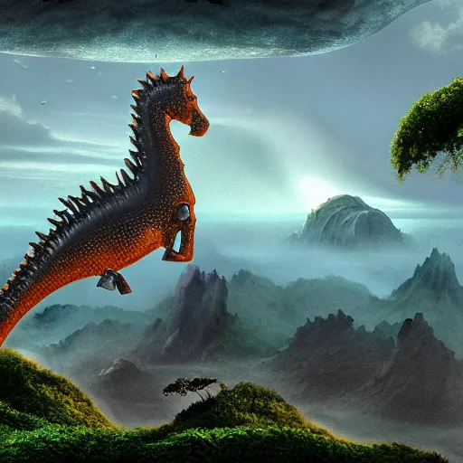 Prompt: aancient seahorse made out of ta matte painting about a futuristic spaceship landing in a misty asian rainforest, surrounded by mountains and clouds. featured on artstation. i can show the screenshots in my blog. i
