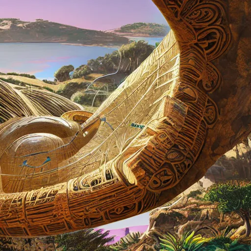 Prompt: a gigantic paleolothic torus made of stone with highly detailed carvings of intricate shamanic robotic electronics and circuitry, in a mediterranean lanscape, inside a valley overlooking the sea, in the style of syd mead