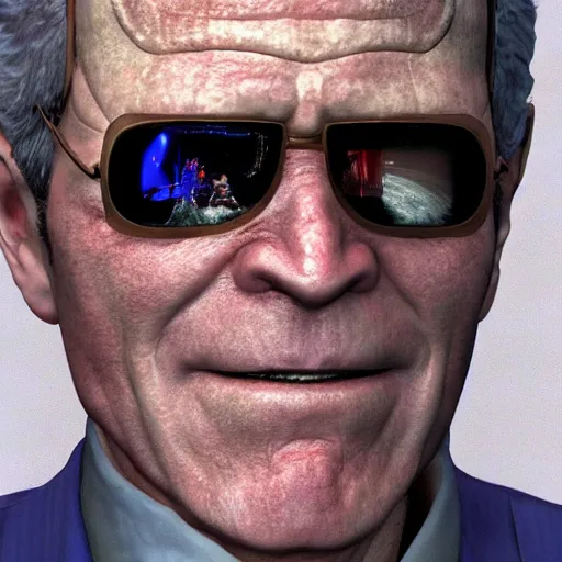 Prompt: George Bush Jr. as a Metal Gear Solid Villain 2005 JRPG cinema 4d render, Ray tracing reflection, natural lighting, Unreal Engine award winning photography