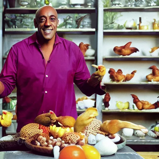 Prompt: ainsley harriot juggling chickens