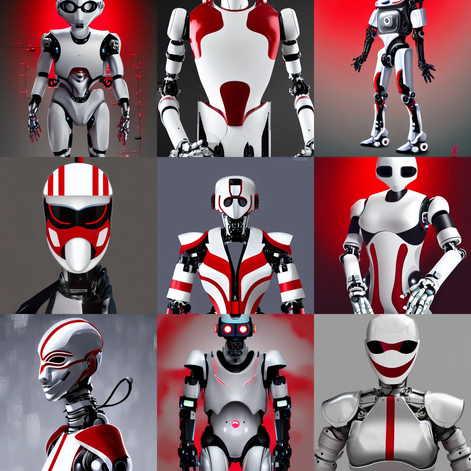 Prompt: robot with a masquerade mask, futuristic white military uniform, clean, designed by Boston Dynamics, red and white stripes, 8k HD detailed concept art painting