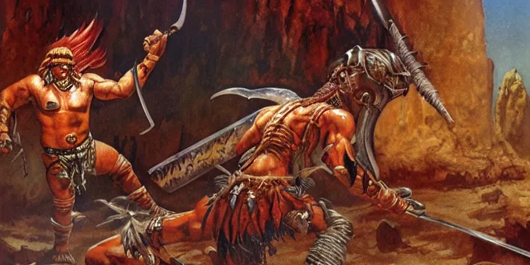 Image similar to a barbarian warrior fights a mummy in an old tomb, concept art by boris vallejo and michael whelan