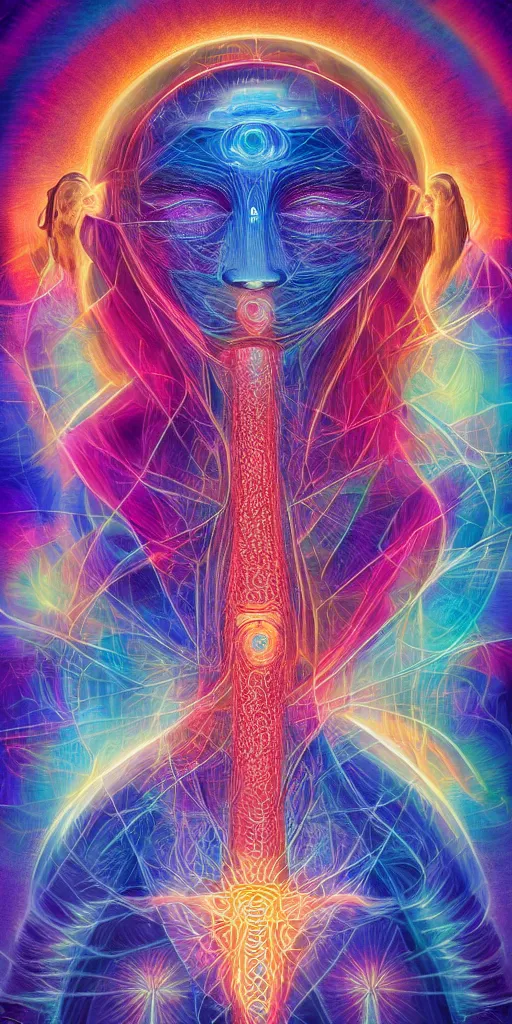 Image similar to ai transcendence into collaborative intelligence, connectedness, body, by alex grey, album cover, award winning, beautiful, colorful, volumetric lighting, trending on artstation, cinematic