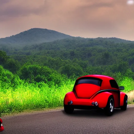 Image similar to promotional scifi - blockbuster movie scene of a ladybug volkswagen hybrid, flying down a dusty backroad in smokey mountains tennessee. the hybrid is 2 / 3 ladybug. cinematic, muted dramtic color, 4 k, imax, 7 0 mm, hdr