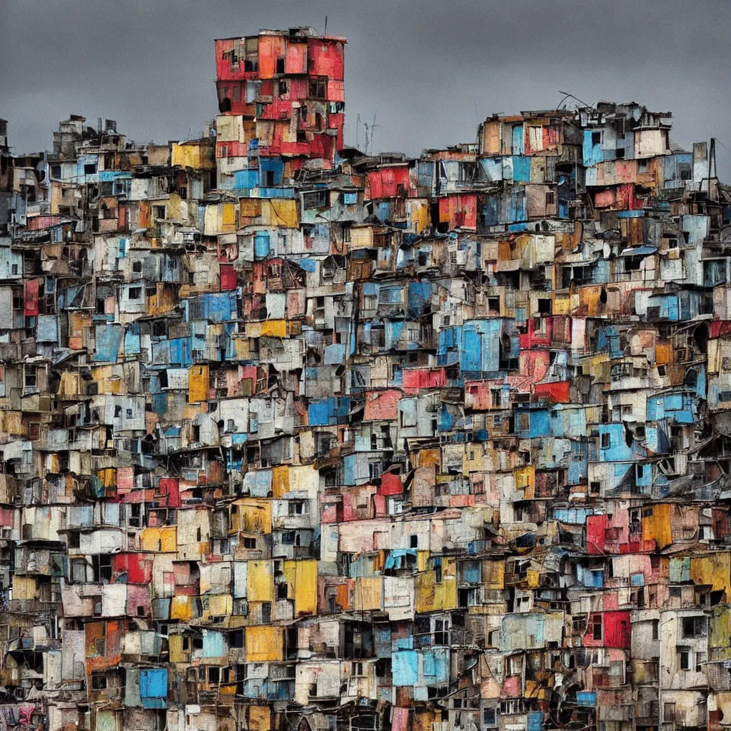 Prompt: close - up view of a tower made up of colourful makeshift squatter shacks with bleached colours, moody cloudy sky, dystopia, mamiya, very detailed, photographed by bruno barbey