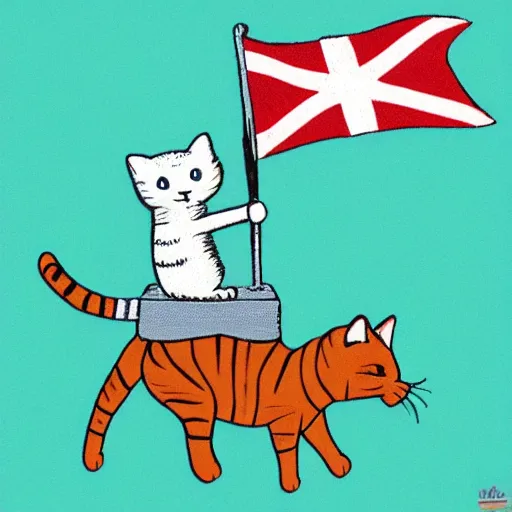 Prompt: a small cat holding his national flag is riding a large cat and traveling the world and going into battles