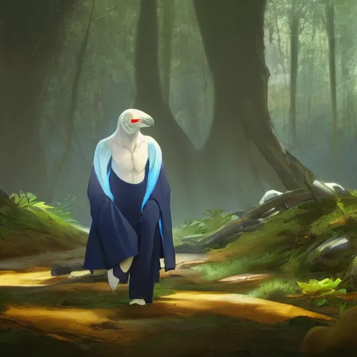 Prompt: concept art painting of an anthropomorphic humanoid albino raven wearing dark blue robes, in the deep forest, realistic, detailed, cel shaded, in the style of makoto shinkai and greg rutkowski and james gurney