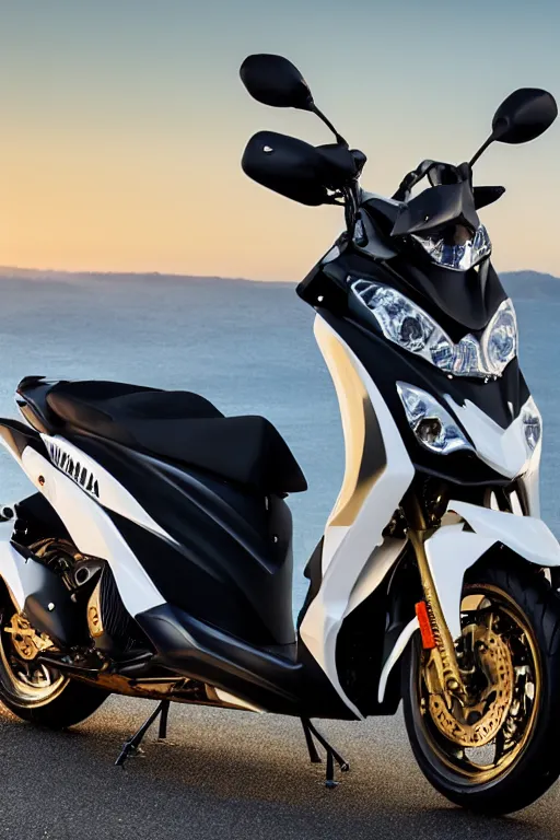 Image similar to photo of yamaha aerox with black and white pearlescent paintjob, mountainroad background, golden hour, 5 6 0 ccm, race style, custom scooter, dslr, 8 5 mm, f / 1. 3