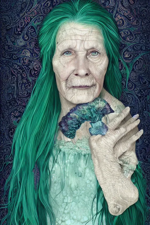 Image similar to portrait of a old woman with cracked manatee skin. dark blue-green hair, dark flower pattern wallpaper background, high detail, by Eddie Mendoza