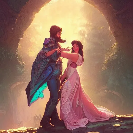 Prompt: a young couple hugging each other in a retrowave environment, D&D, fantasy, intricate, elegant, highly detailed, digital painting, artstation, concept art, matte, sharp focus, illustration, hearthstone, art by Artgerm and Greg Rutkowski and Alphonse Mucha