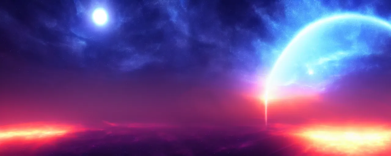 Prompt: minimalist cinematic scifi render of atmospheric space, nebula, homeworld skies, volumetric lighting, 4 k, 8 k, hd