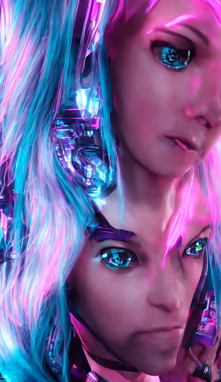 Image similar to a portrait of a cyberpunk woman, blue neon hair, pink eyes, hyperdetailed, rtx, hdr, 3 d render, octabe render, 8 k.