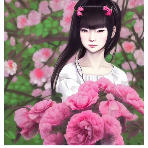 Prompt: little chinese girl with flowers in hair wearing an white dress. art by ilya kuvshinov, profile picture, inspired in hirohiko araki, realistic, highly detailed, 8 0 s anime art style, vogue cover