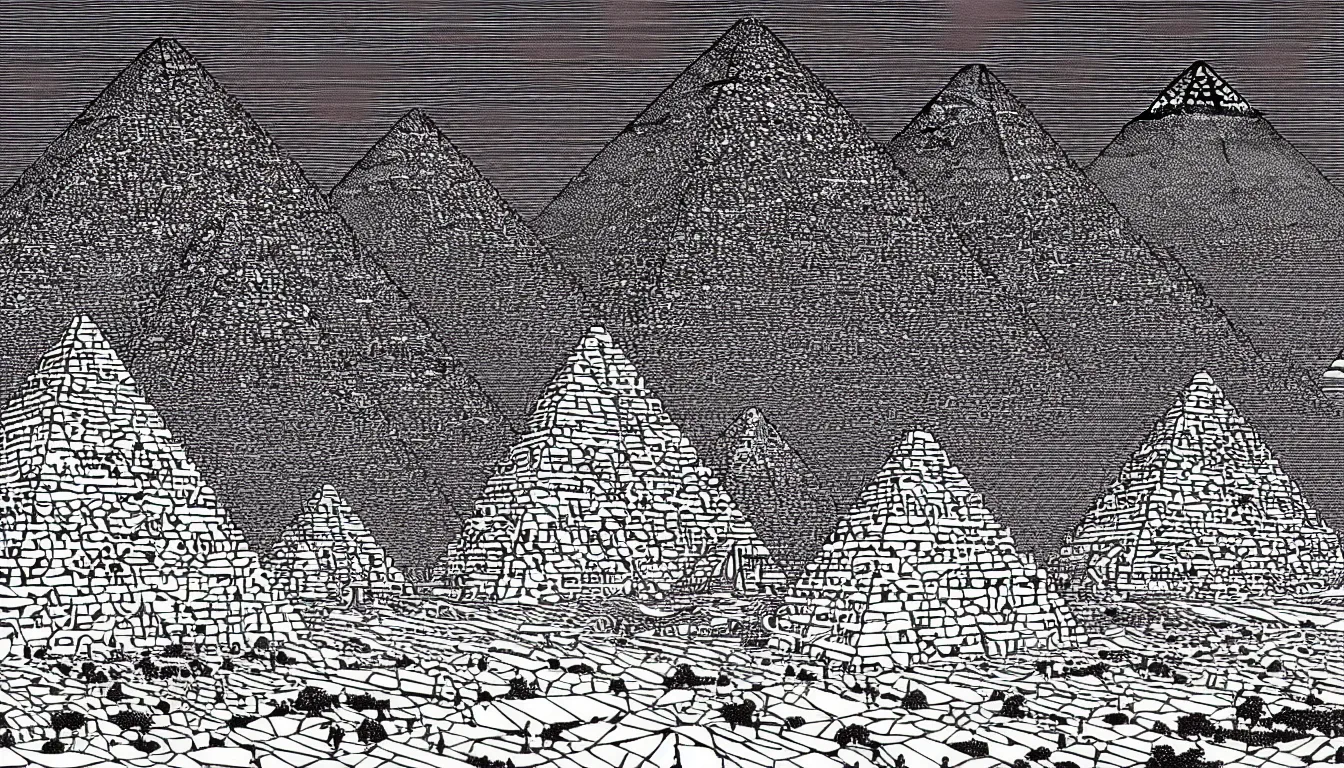 Prompt: pyramids of giza by woodblock print, nicolas delort, moebius, victo ngai, josan gonzalez, kilian eng