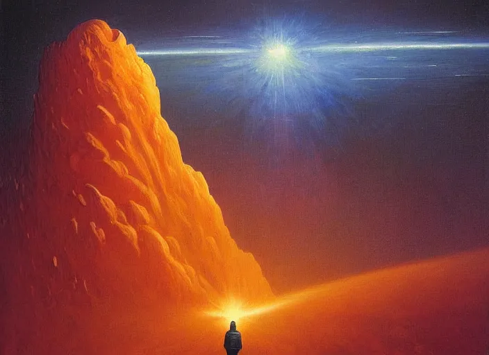 Prompt: portrait painting of nebula universe, spaceship, science fiction, sharp focus, super resolution, style by edward hopper and james gille ard zzislaw beksinski, highly detailed