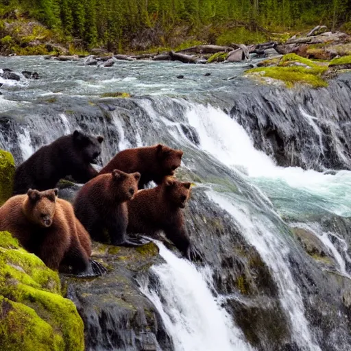 Image similar to dozens!!! of bears!!! catching salmon on a small waterfall in alaska, detailed, wide angle, 4 k