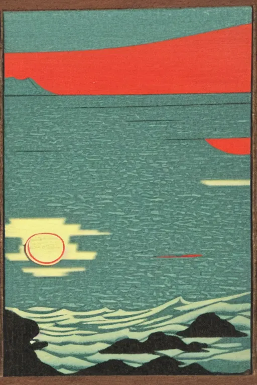 Prompt: sunset over the ocean Japanese woodblock style