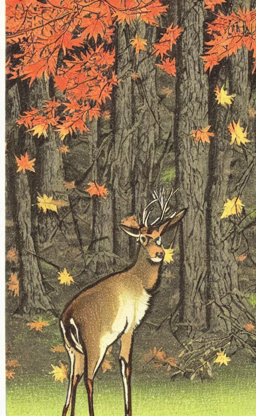 Image similar to by akio watanabe, manga art, a deer is jumping around in maple forest, fall season, trading card front