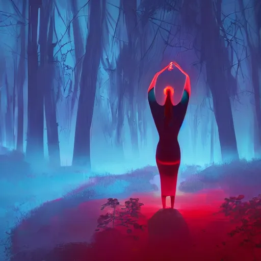 Prompt: a woman with [ red energy emanating from her hand ]!, stands in the middle of a pathway in a timid forest, trending on cgsociety, digital art, illustrated by max hay and anton fadeev, bioluminescent atmosphere, back view, intricate