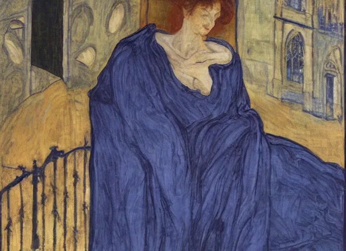 Image similar to close portrait of woman in night gown with cat, with city with gothic cathedral seen from a window frame with curtains. thunderstorm, deep indigo. caravaggio, egon schiele, bonnard, henri de toulouse - lautrec, utamaro, monet - h 7 0 4