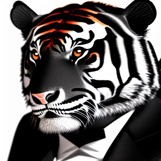 Prompt: anthropomorphic tiger in a black suit, ultra detail, ultra realistic, 8 k, black background, ssao