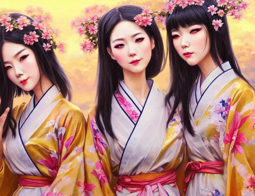 Image similar to two beautiful fashion taiwan girls wear fantasy yukata in festival | | big eyes, sunny, dreamlike art, realistic shaded, smile, good looking, fine details, 4 k realistic, cryengine, realistic shaded lighting poster by greg rutkowski, magali villeneuve, artgerm, jeremy lipkin and michael garmash and rob rey