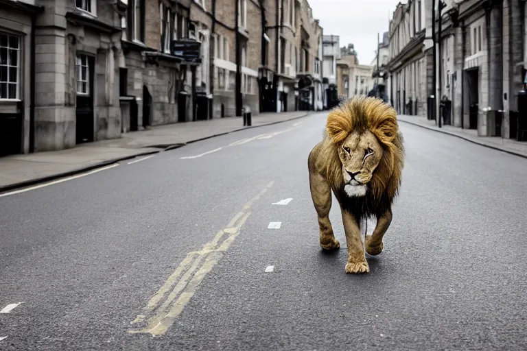 Image similar to Photo of a lion walking through the empty streets of london, highly detailed, award winning, Canon 100-400mm f/4.5-5.6 II,