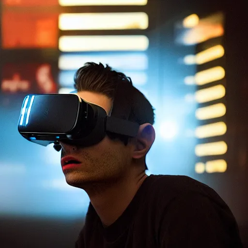 Image similar to a Portrait of a hacker wearing VR goggles, by Mr Robot, by Ready Player One, by Kung Fury, computer screens in the background, dark, dramatic, realistic studio lighting, realistic reflections, 4k, professional, canon