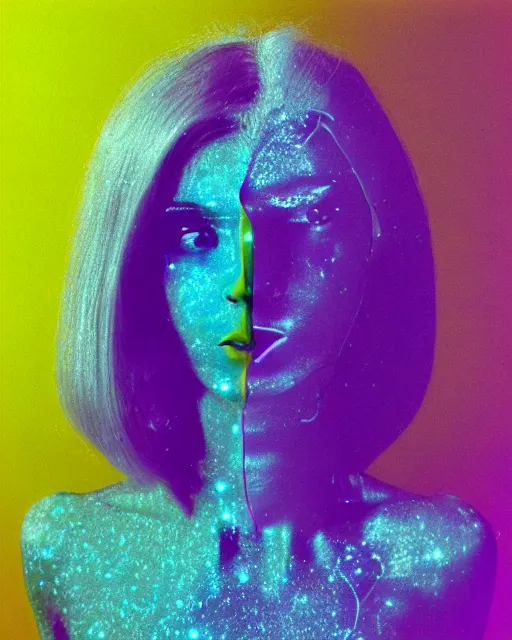 Prompt: cut and paste, featureless shocked robotic woman's face, long metallic hair, dark makeup, violet and yellow and green and blue lighting, polaroid photo, 1 9 8 0 s cgi, atmospheric, whimsical and psychedelic, grainy, expired film, super glitched, corrupted file, ghostly, bioluminescent glow, sci - fi, harsh lighting