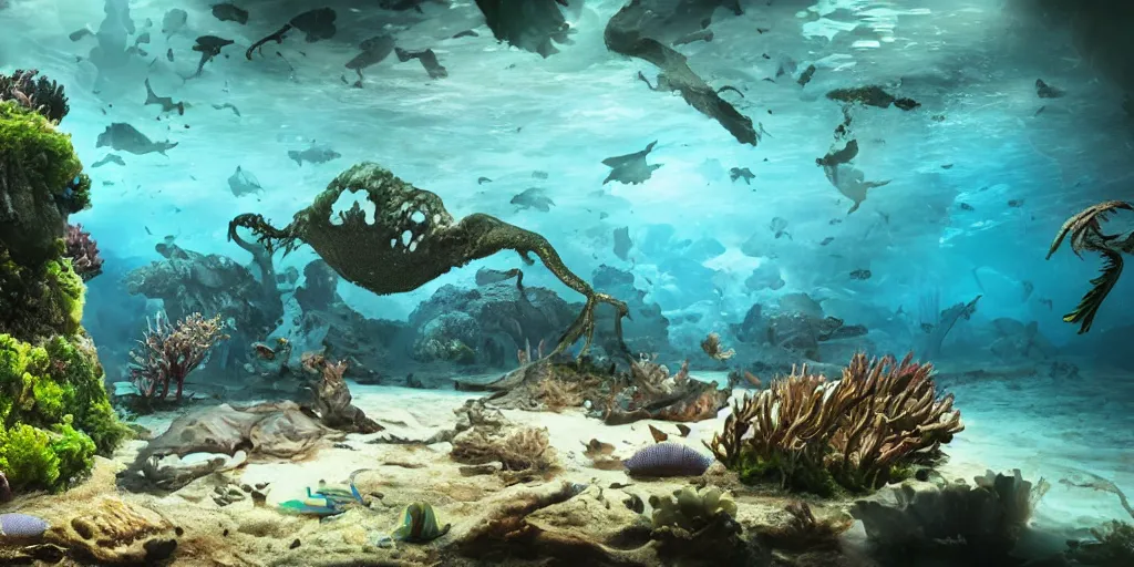 Image similar to underwater enviroment with Anoplogaster creatures, unreal 5, hyperrealistic, realistic, photorealistic, dynamic lighting, highly detailed, cinematic landscape, studio landscape, studio lighting