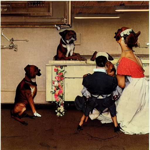 Image similar to two boxer dogs getting married, Norman Rockwell