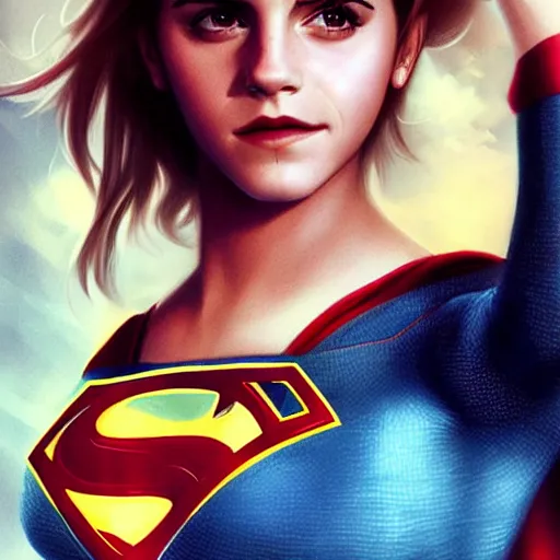 Image similar to emma watson as supergirl, realistic, intricate, elegant, art by artgerm and wlop