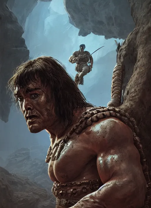 Prompt: portrait, conan the barbarian fighting a anakonda snake, Dynamic lighting, cinematic, establishing shot, extremely high detail, photo realistic, cinematic lighting, pen and ink, intricate line drawings, post processed, concept art, artstation, matte painting, style by Raphael Lacoste, Eddie Mendoza