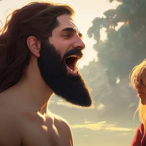 Image similar to bearded man is yelling at a teenage girl, highly detailed, professional digital painting, unreal engine 5, photorealism, hd quality, 8 k resolution, cinema 4 d, 3 d, cinematic, art by artgerm and greg rutkowski and alphonse mucha and loish and wlop