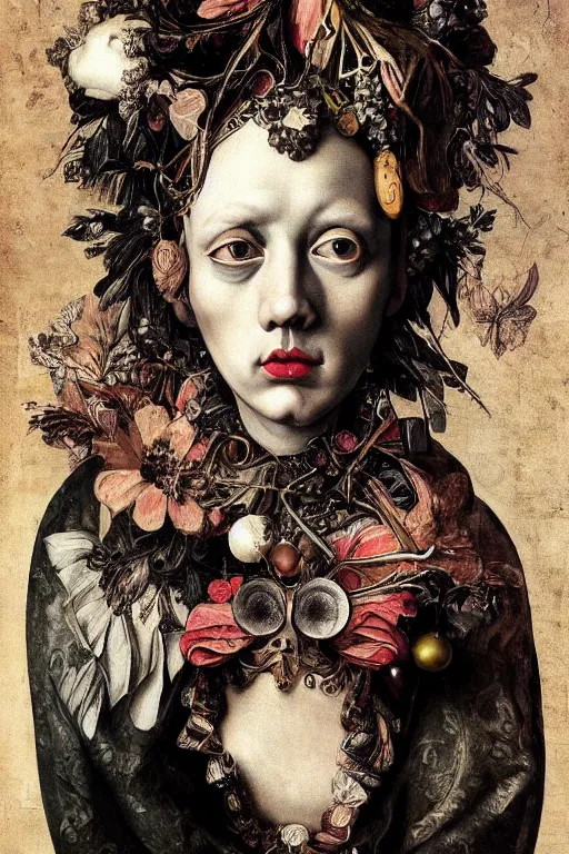 Image similar to Detailed maximalist portrait with large lips and with large eyes, sad expression, anatomical, HD mixed media, 3D collage, highly detailed and intricate illustration in the style of Caravaggio, dark art, baroque