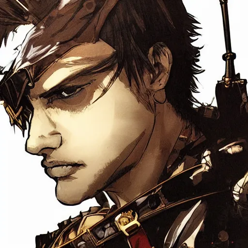 Image similar to portrait of a young white hero using his right arm to hold his sword covering his eye illustrated by yoji shinkawa, high quality, extra details, realism, ornate, colored, golden chain, blood, white skin, short hair, brown eyes, vivid, sunlight, red headband, black eyepatch, white american soldier, painting, cybernetics, military