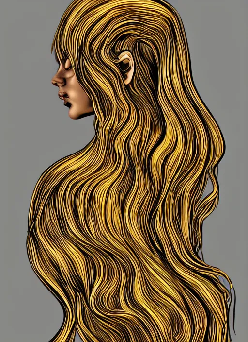 Image similar to dramatic digital art of a woman with super wavy snake goldened marble hair. moody and melanchonic.