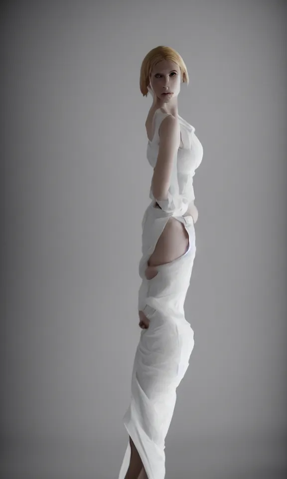 Image similar to photo of gorgeous seductive tall emily skinner cosplaying annie leonhart wearing elegant white dress, wearing open toe heels, in a white room, beautiful face, pale skin, rule of thirds, cinematic lighting, sharp focus, backlit, stunning, smooth, hard focus, full body shot, studio photo, shot on sony a 7 iii