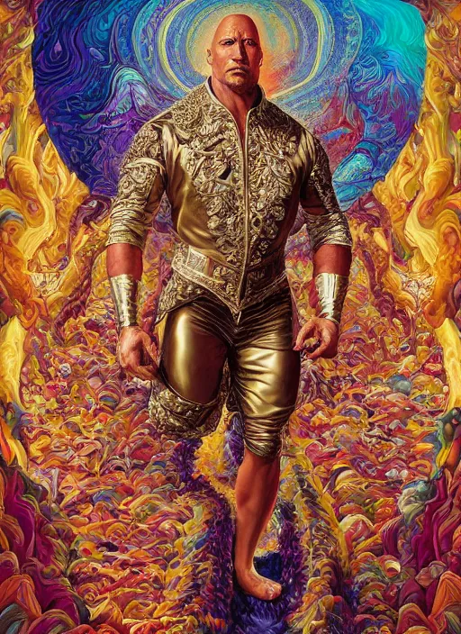 Prompt: beautiful oil painting, full length portrait of Dwayne the rock Johnson as Louis xiv in coronation robes 1701, Dan Mumford, Dan Mumford, Alex grey, Alex grey, lsd visuals, dmt fractal patterns, entheogen, psychedelic art, hallucinogen, highly detailed, ornate, vaporwave