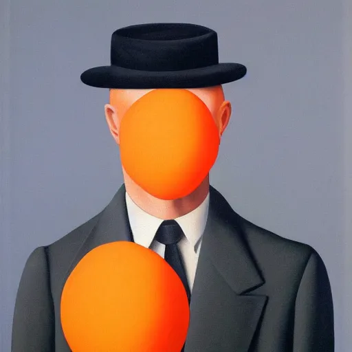 Image similar to portrait of a man in a suit with an orange in front of his face, full body shot, painting by rene magritte, high detail, high resolution