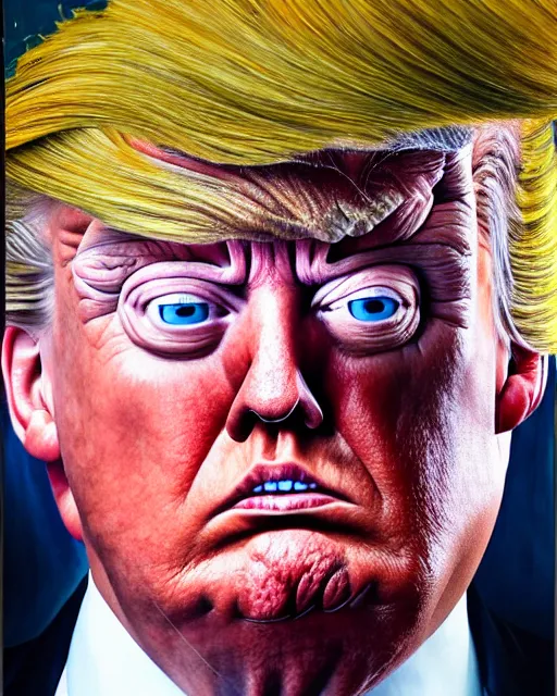 Prompt: a overhead close up portrait of Cyclops Donald Trump with an angry expression, facing front, looking up, by Lucian Freud and Jenny Saville, oil painting, anatomically correct, beautiful perfect face, sharp focus, Highly Detailed, Cinematic Lighting, 8k, HD