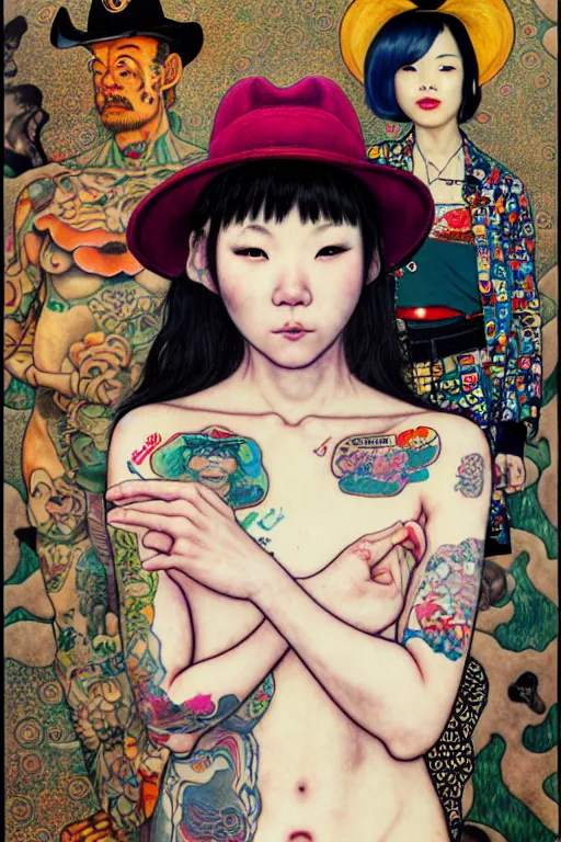 Image similar to full view of taiwanese girl with tattoos, wearing a cowboy hat, style of yoshii chie and hikari shimoda and martine johanna and and gustav klimt and will eisner, highly detailed