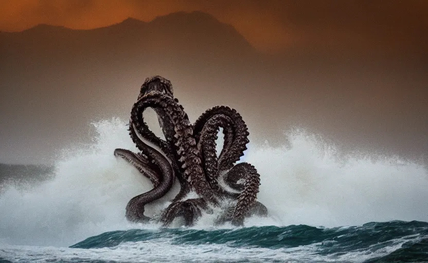 Prompt: nature photography of a kraken feeding, south african coast, rainfall, rough waves, fog, digital photograph, cool colors, award winning, 5 0 mm, telephoto lens, national geographic