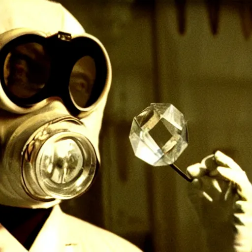 Image similar to a man wearing a lab coat and gasmask, holding a diamond, film still, arriflex