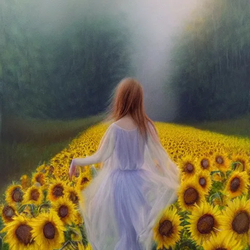 Image similar to a dreamy vision of girl slowly walking through amazing tall sunflower field, her hair flowing down, fog, subtle, intricate details, real masterpiece, oil on canvas, by somsak anong