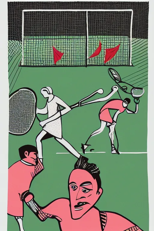 Image similar to an illustration of a tennis match by Marcel Dzama. Screen Printed. Paper texture