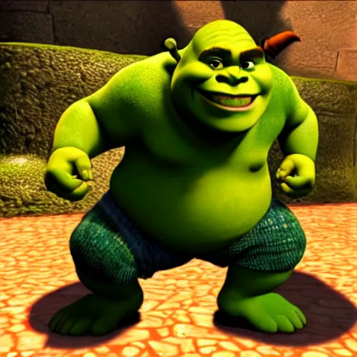 Image similar to shrek in super smash bros ultimate, highly detailed, extremely high quality, hd, 4 k, 8 k, professional photographer, 4 0 mp, lifelike, top - rated, award winning, realistic, detailed lighting, detailed shadows, sharp, no blur, edited, corrected, trending