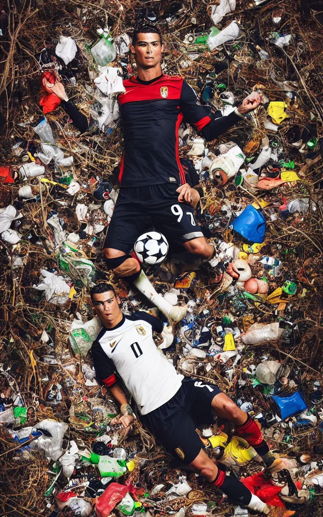 Image similar to cristiano ronaldo soccer player surrounded by trash and injured, nike ball and ambulance light flares, night earth crust, trail cam, realistic photography paleoart, masterpiece album cover
